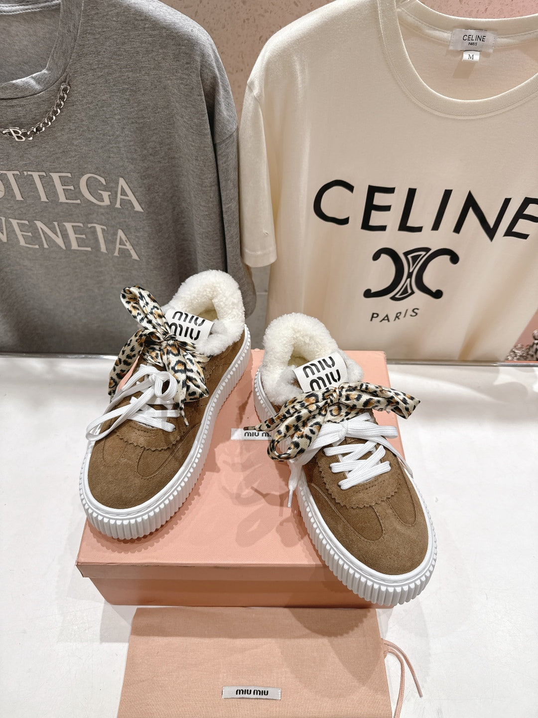 MiuMiu 25 Sneaker Brown White Leopard Suede Wool 535581