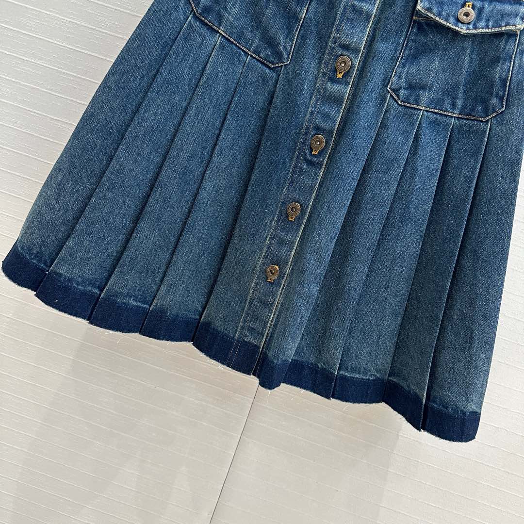 Miu Miu Denim Pleated Long Skirt Blue Cotton