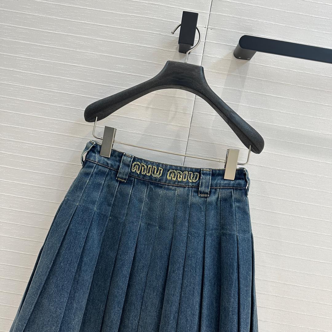 Miu Miu Denim Pleated Long Skirt Blue Cotton