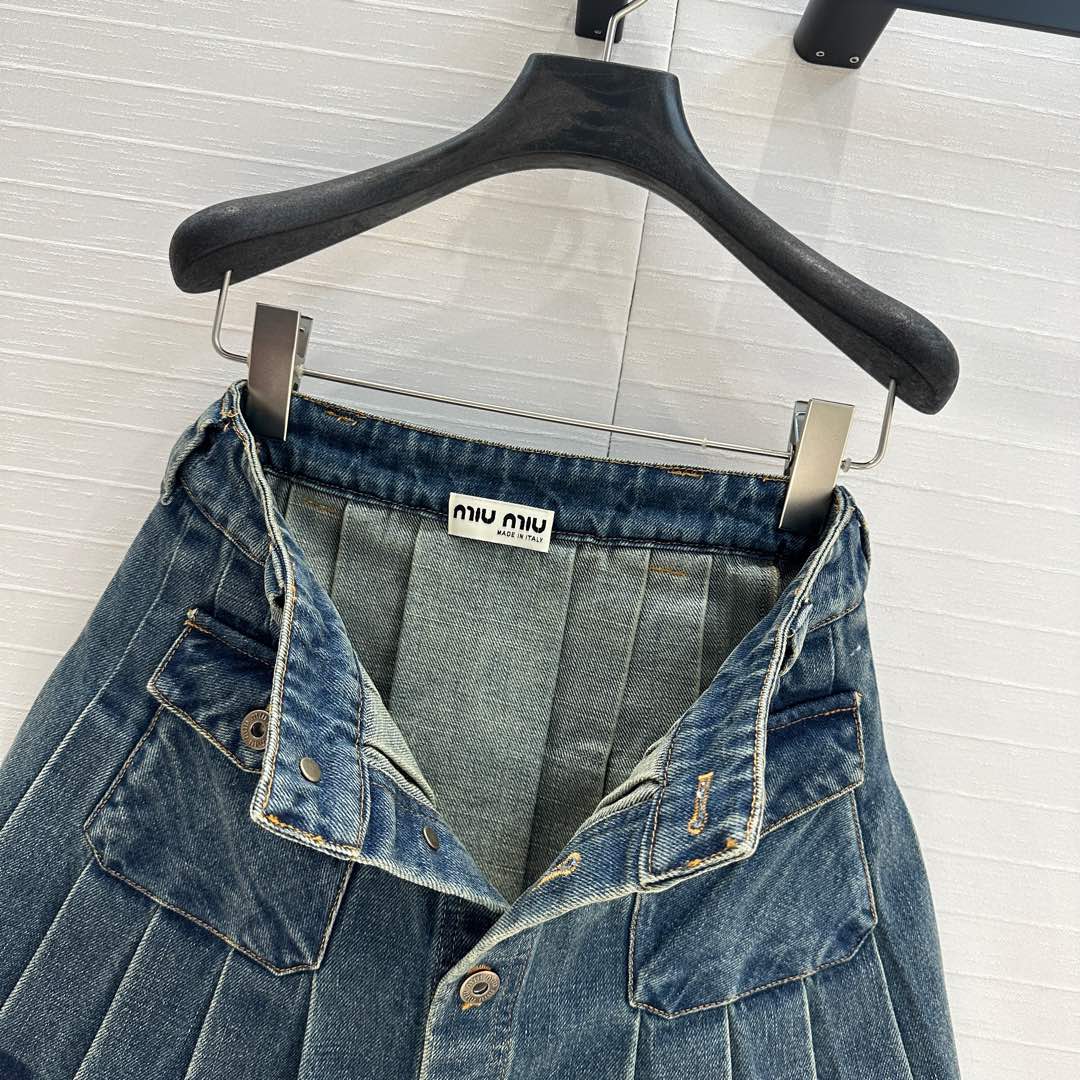 Miu Miu Denim Pleated Short Skirt Blue Cotton