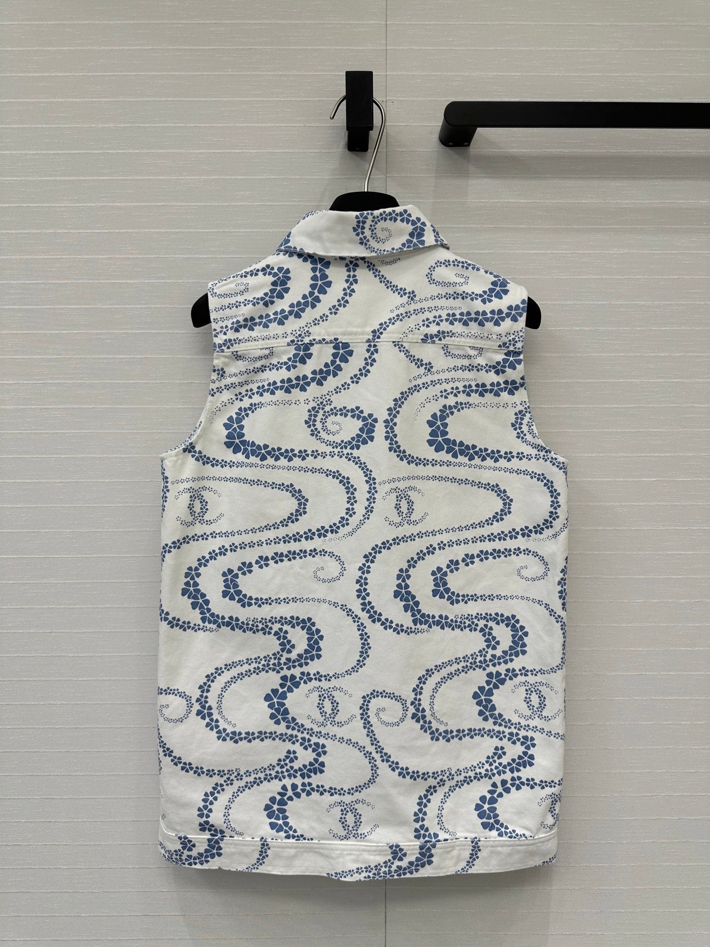 CC 25 Printed Denim Vest Jacket Blue White Cotton