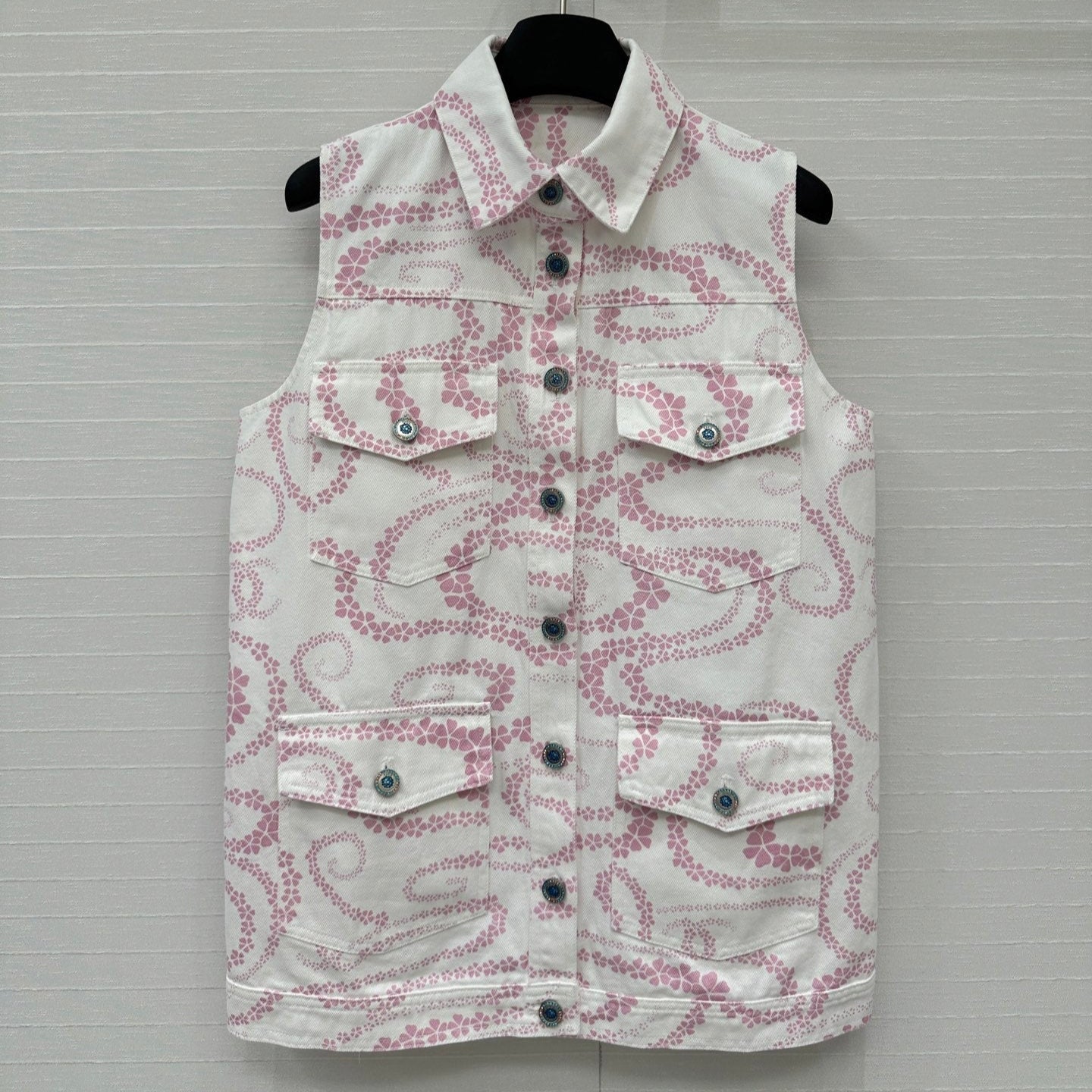CC 25 Printed Denim Vest Jacket Pink White Cotton