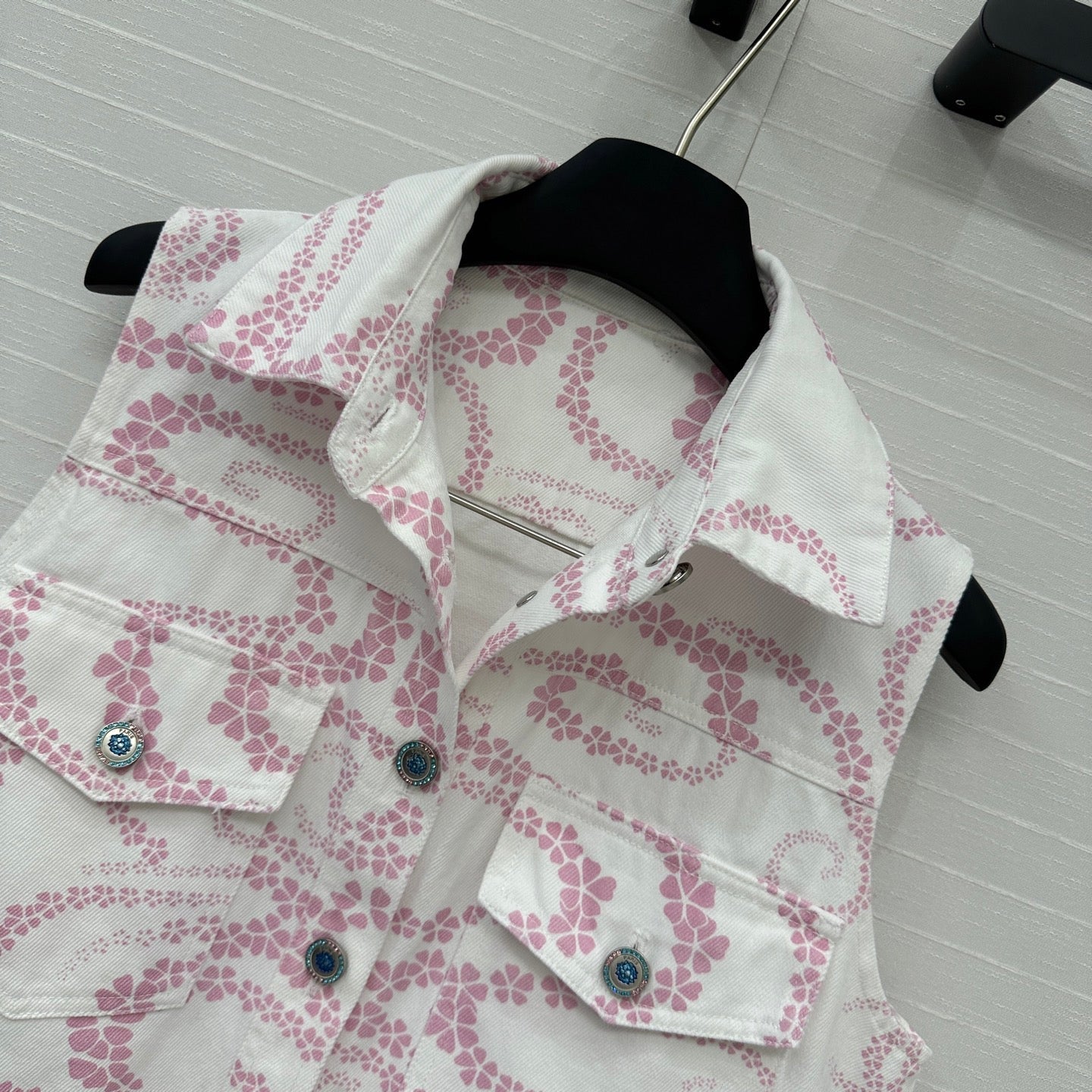 CC 25 Printed Denim Vest Jacket Pink White Cotton