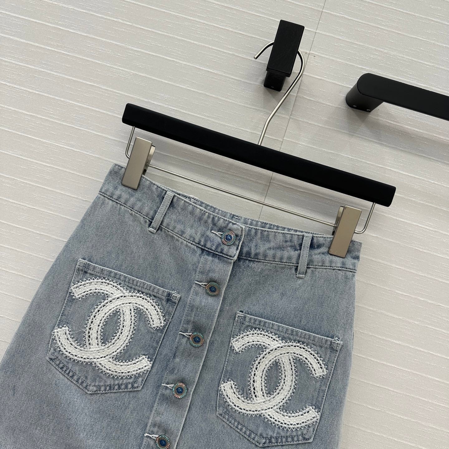 CC 25 Single-breasted Short Skirt Light Blue Denim Cotton