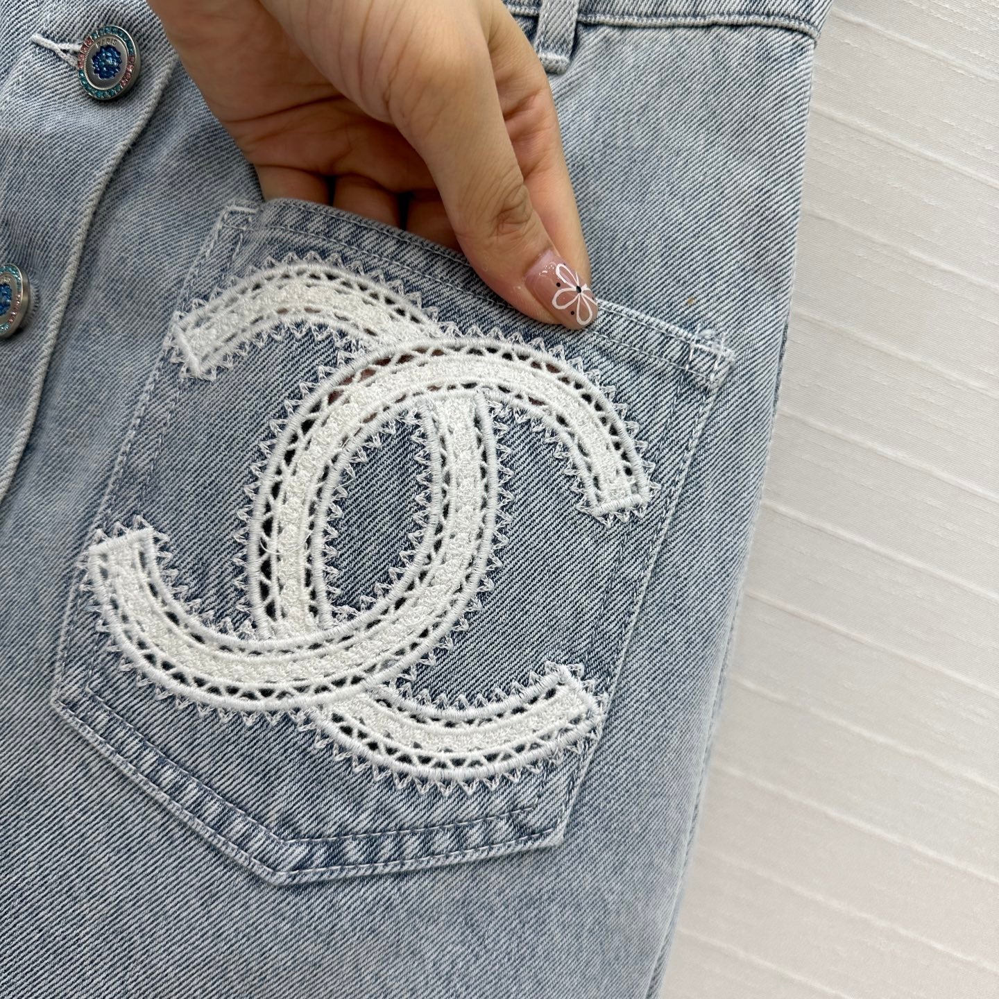 CC 25 Single-breasted Short Skirt Light Blue Denim Cotton