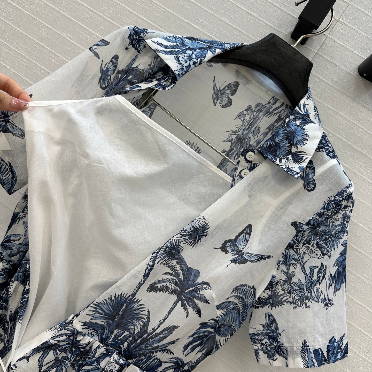 CD 25 Butterfly Coconut Print Shirt Dress White Blue Cotton