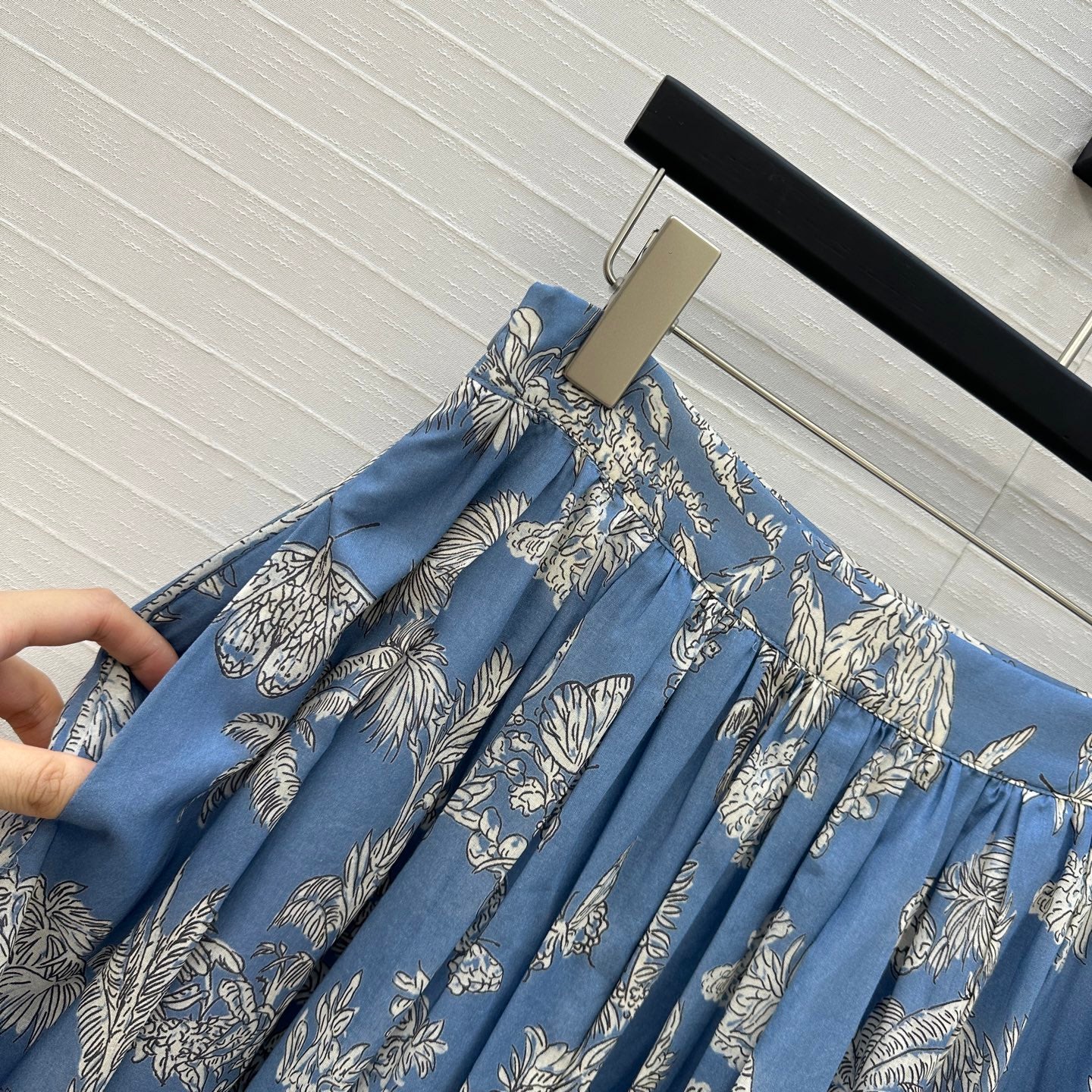 CD 25 Pleated Flared Forest Long Skirt Blue White Cotton