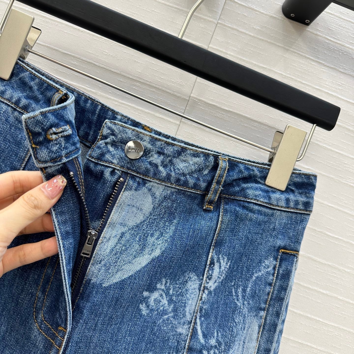 Fendi Flower Denim Straight Pants Blue Cotton