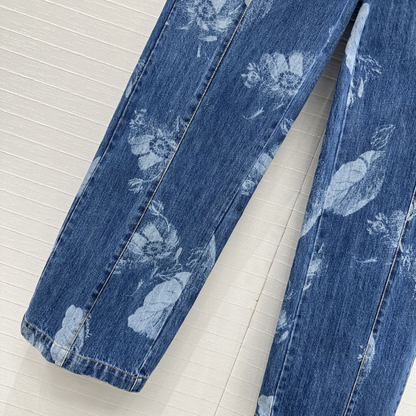 Fendi Flower Denim Straight Pants Blue Cotton
