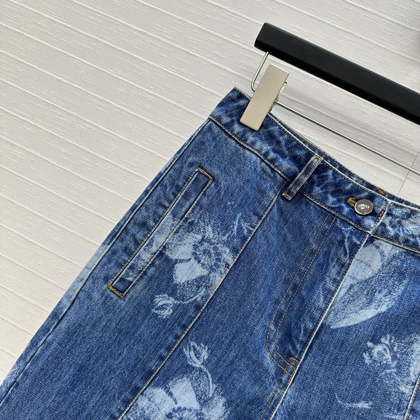 Fendi Flower Denim Straight Pants Blue Cotton