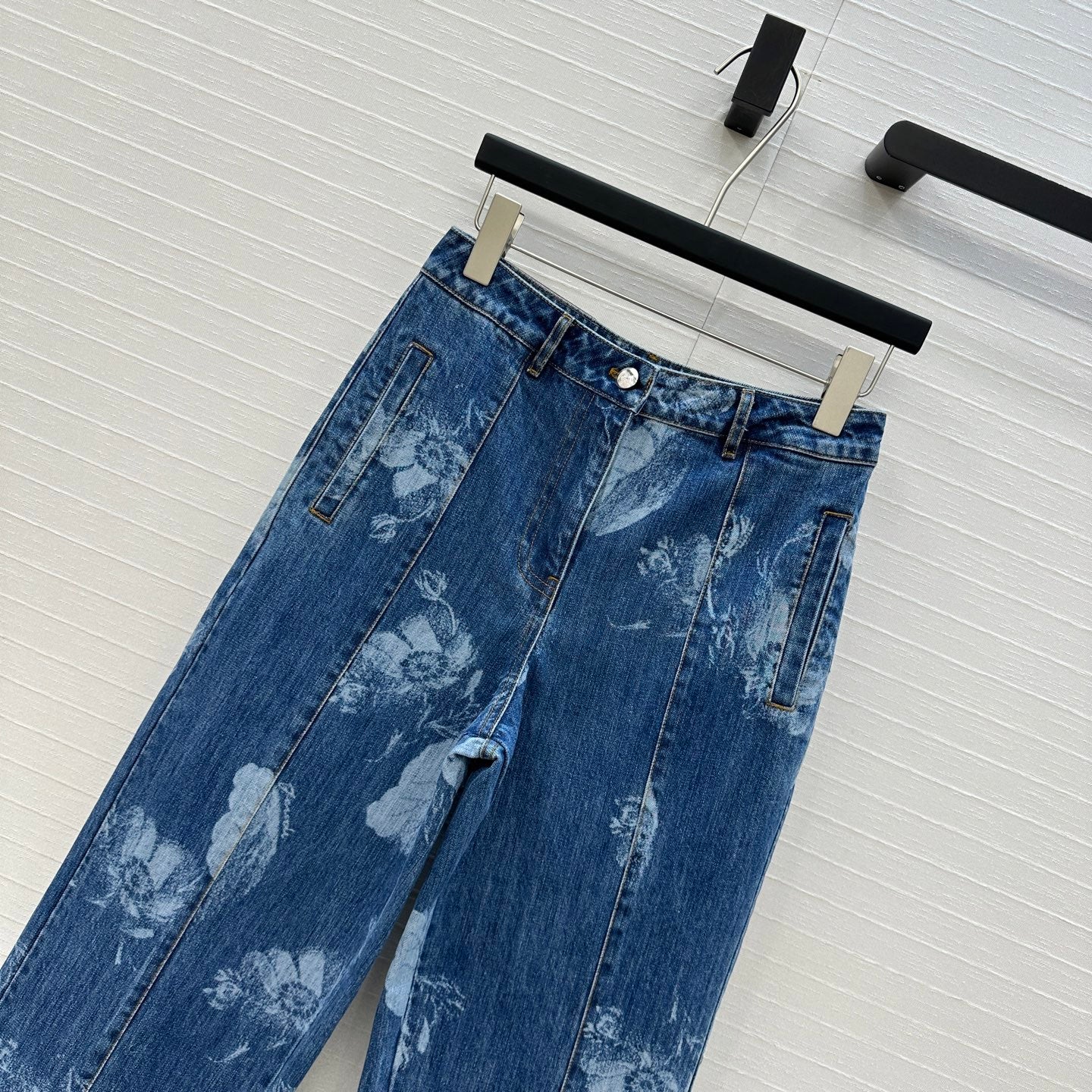 Fendi Flower Denim Straight Pants Blue Cotton