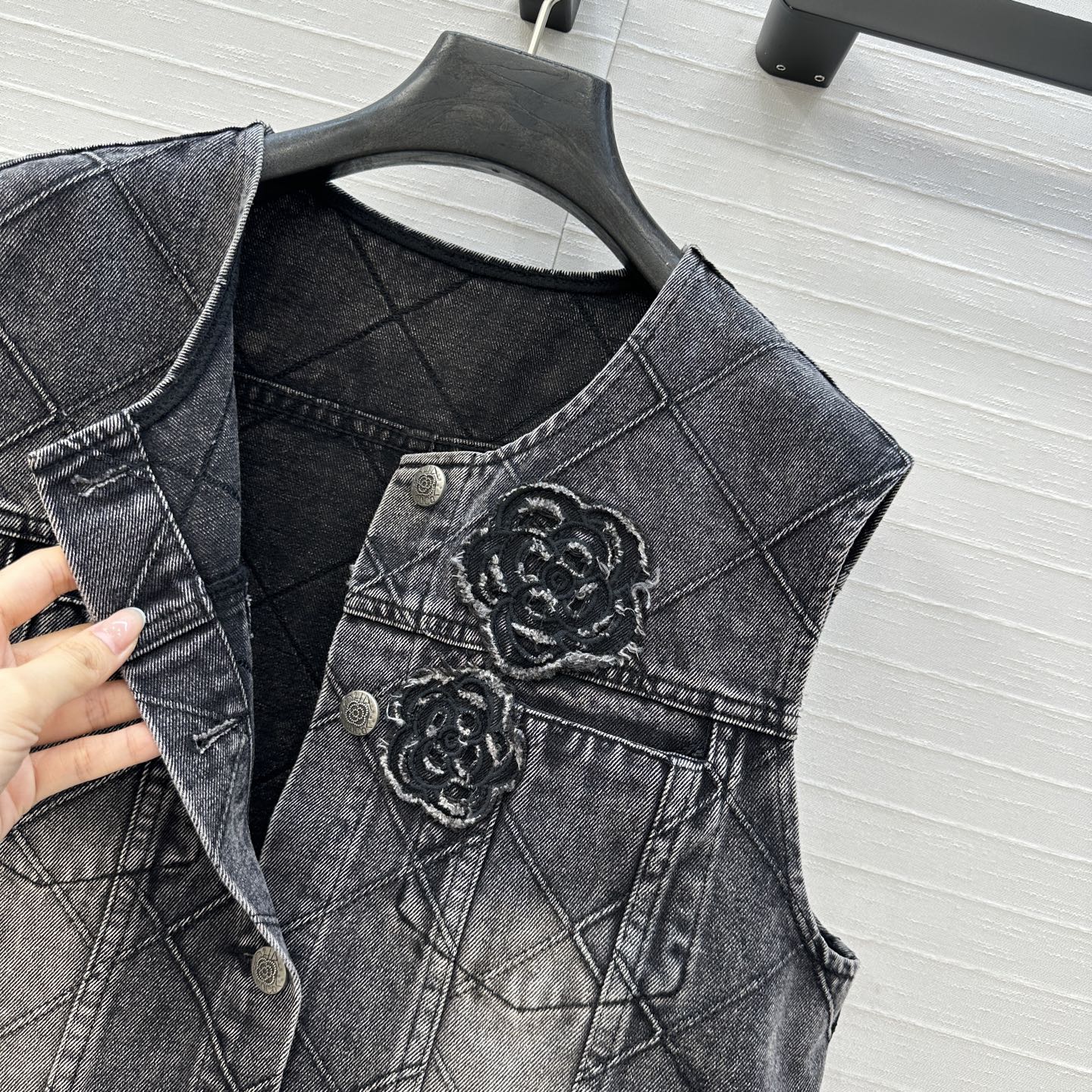 CC Flower Denim Vest Black Cotton
