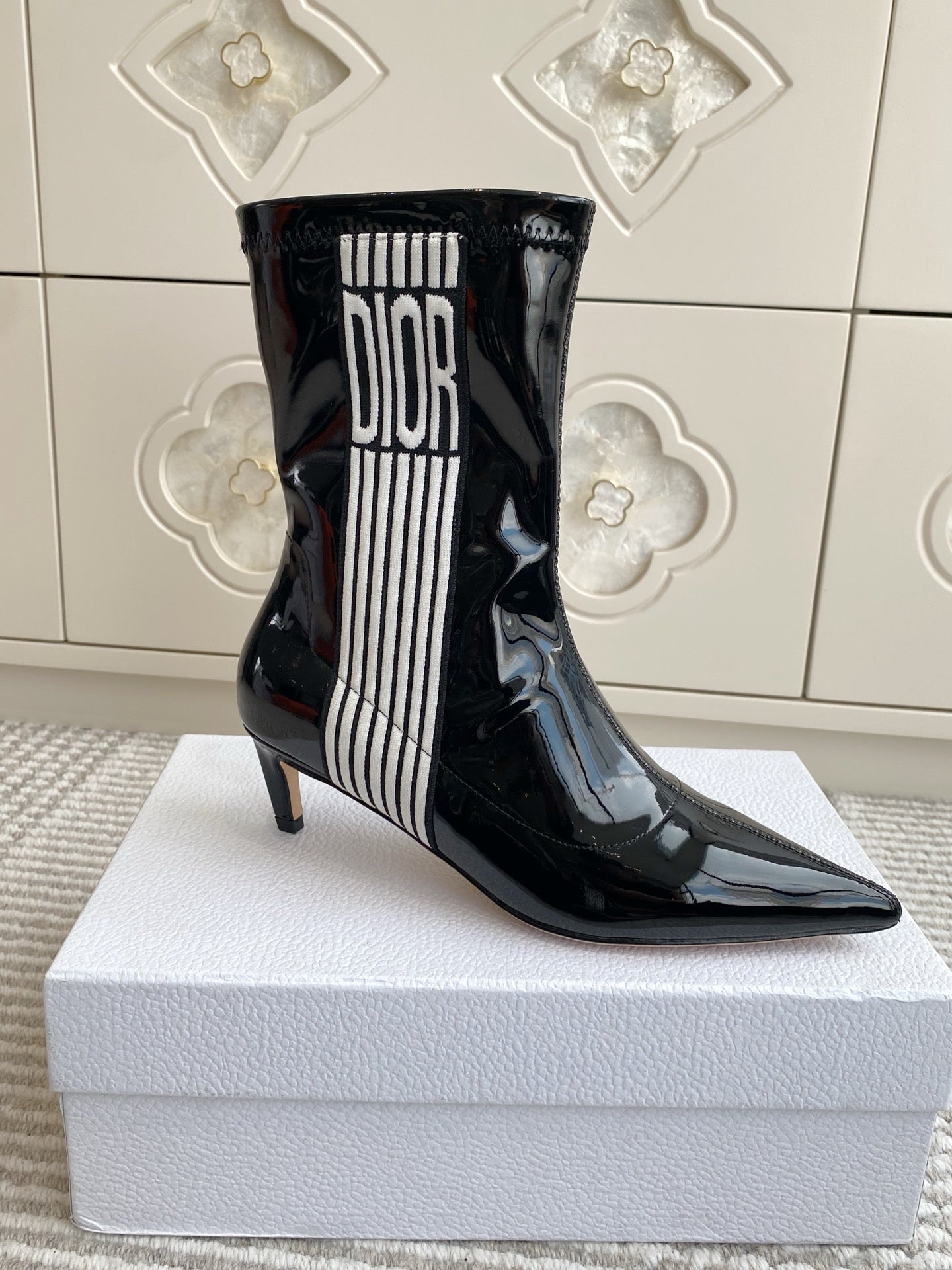 Dior 2025 Tribales Heeled Ankle Boot 50mm Black mix White Patent Leather  501190