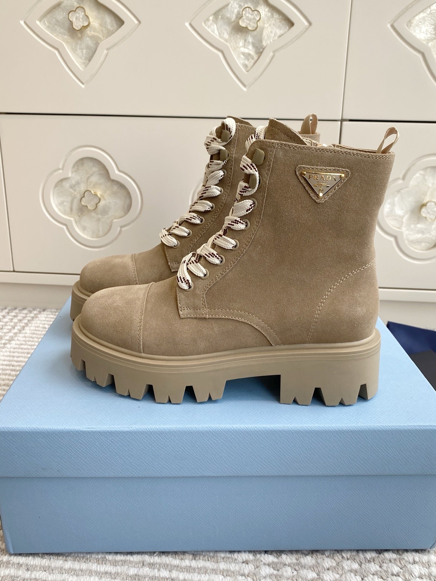 Prada 25 Martin Boot Beige Suede Cowhide 501439