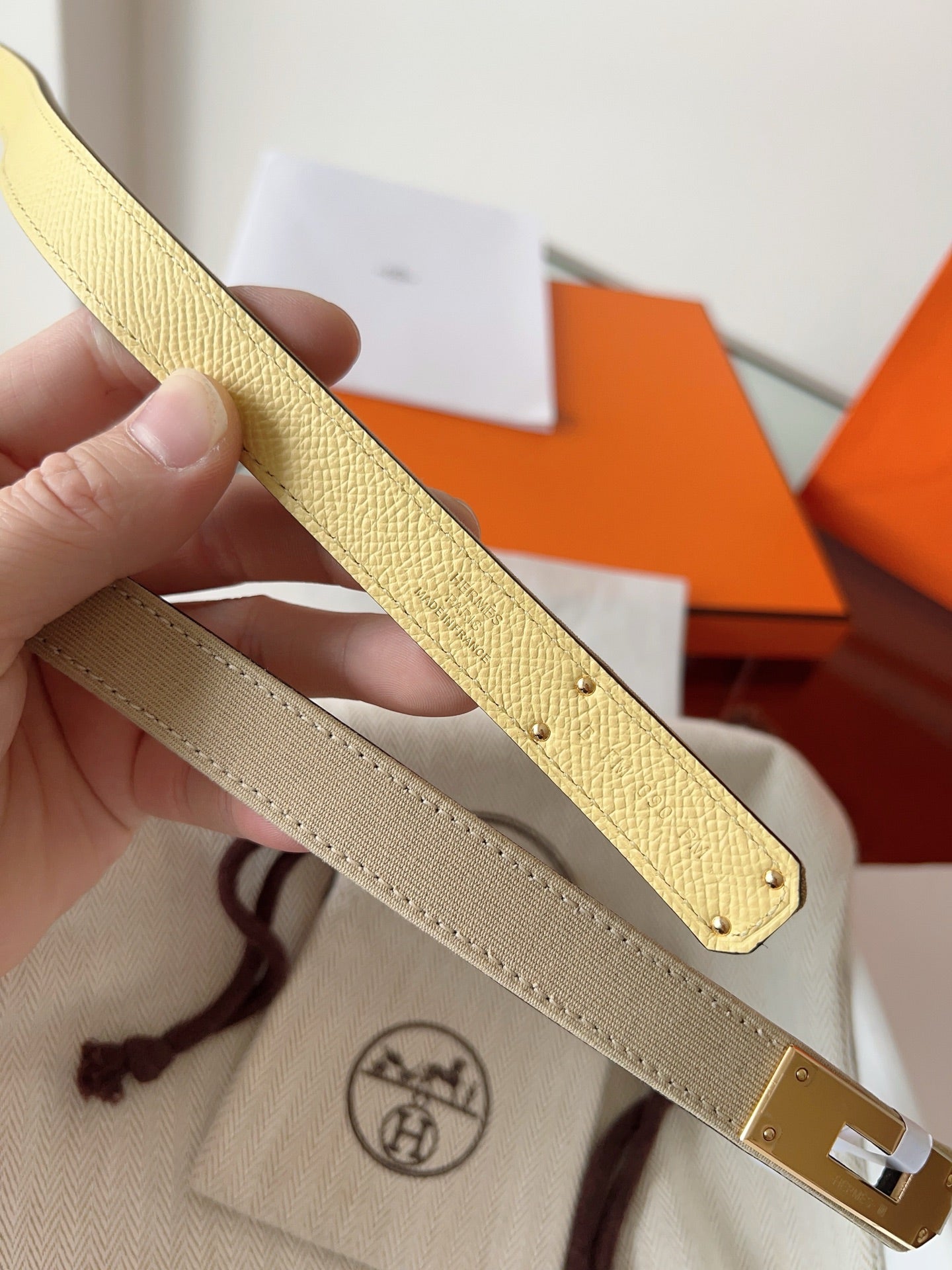 HM Kelly Belt 18mm Beige Canvas Epsom Leather Pink Gold Buckle