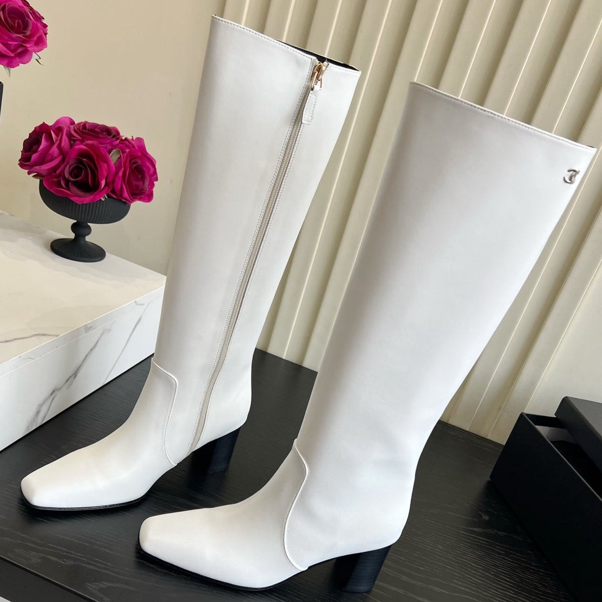 Chanel 2026 Square Toe Chunky Heel High Boots 65mm Cowhide 977240