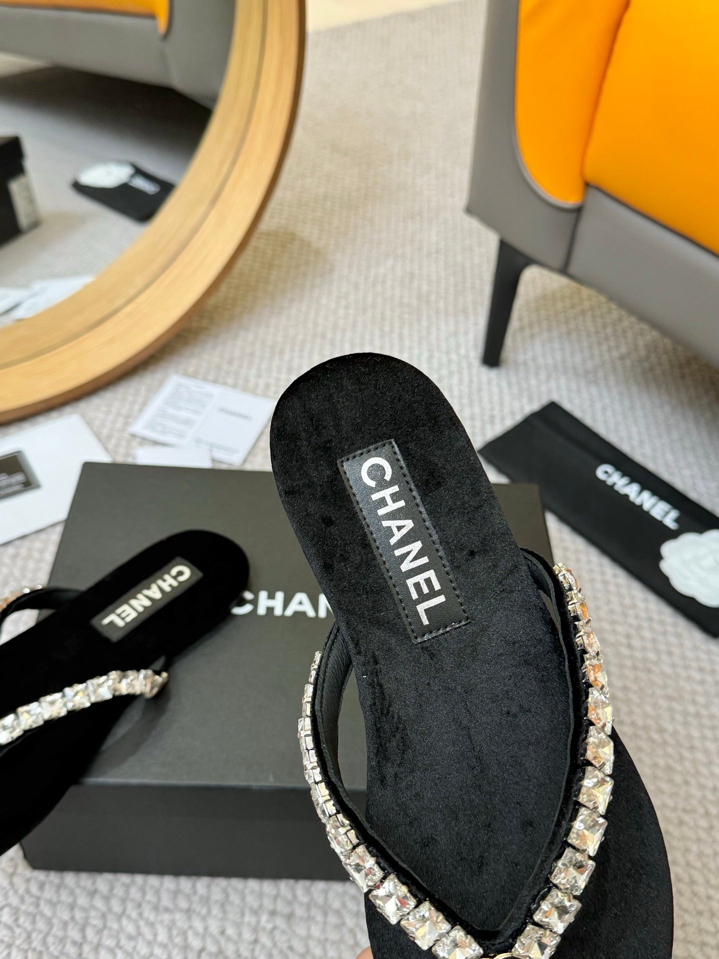 CC Diamond Thong Slippers Black Cloth 305866