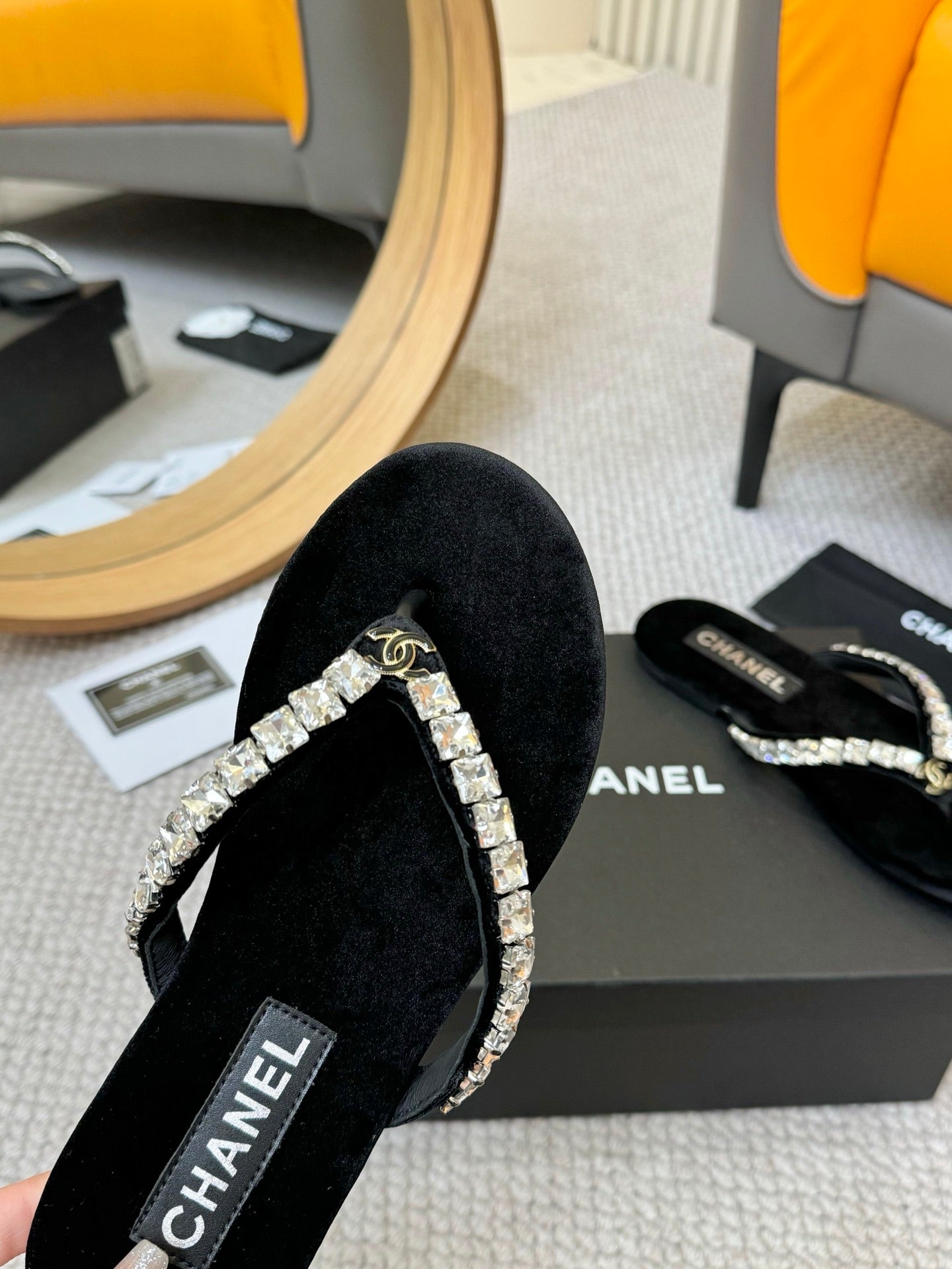 CC Diamond Thong Slippers Black Cloth 305866