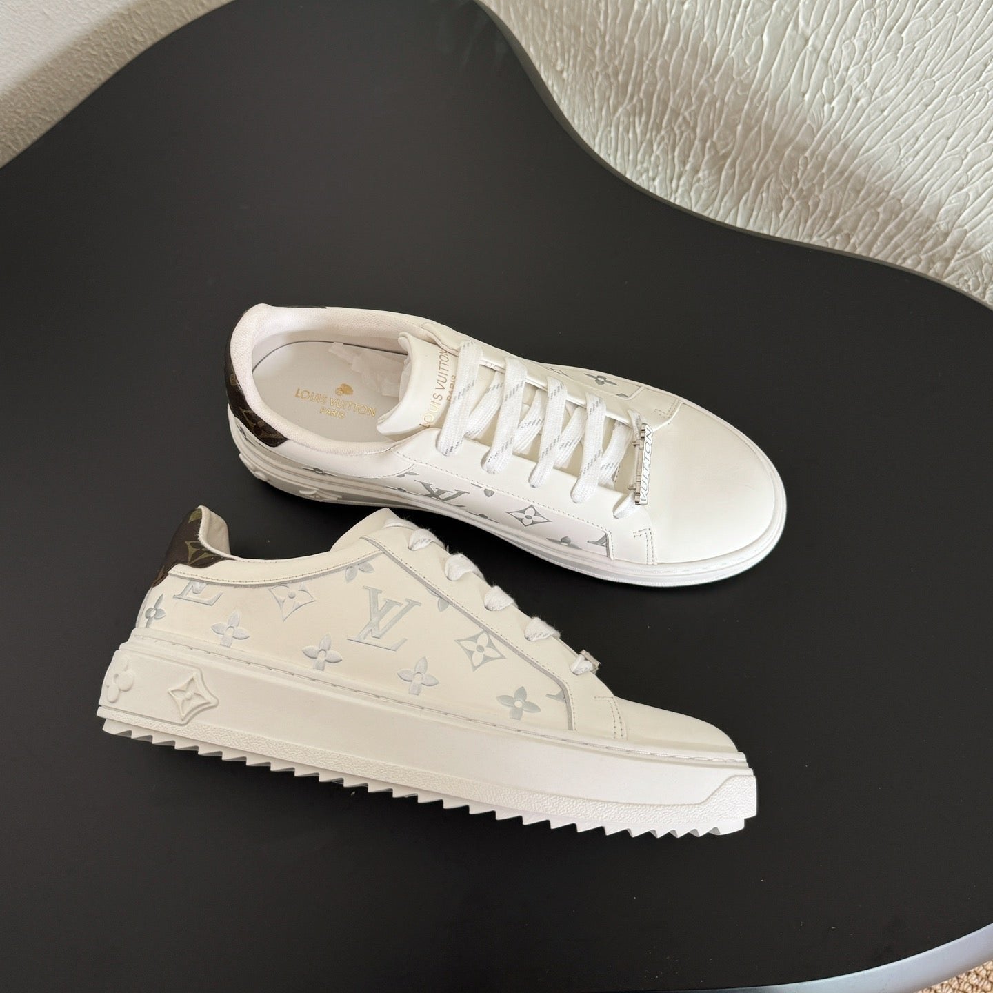 LV Sneakers Time Out White Silver Monogram Calfskin