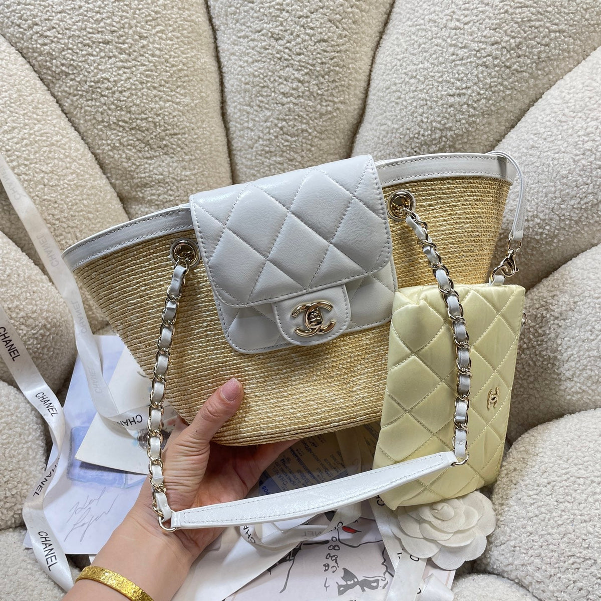 Chanel 2026 Shopping Tote Bag 41cm Raffia Suede Lambskin