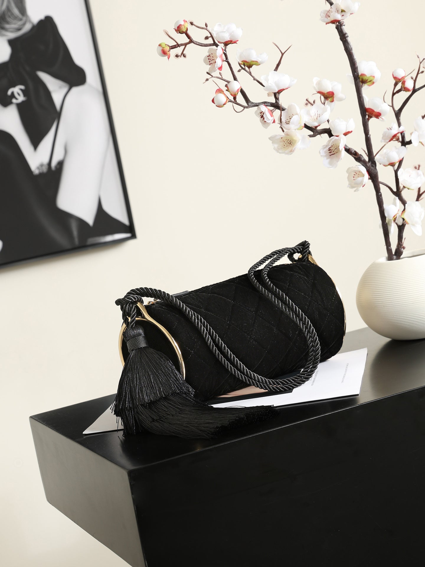 Chanel 2026 Tassel Cylindrical Bag 23.5cm Black Velvet