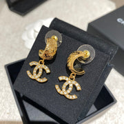 CC Letter Hook Gold Diamond Earrings