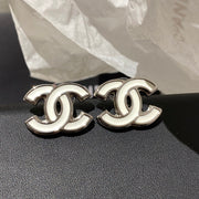 Chanel White Enamel CC Stud Earrings With Silver-tone Trim