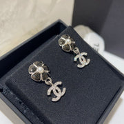 CC Flower Pendant Silver Black Diamond Earrings