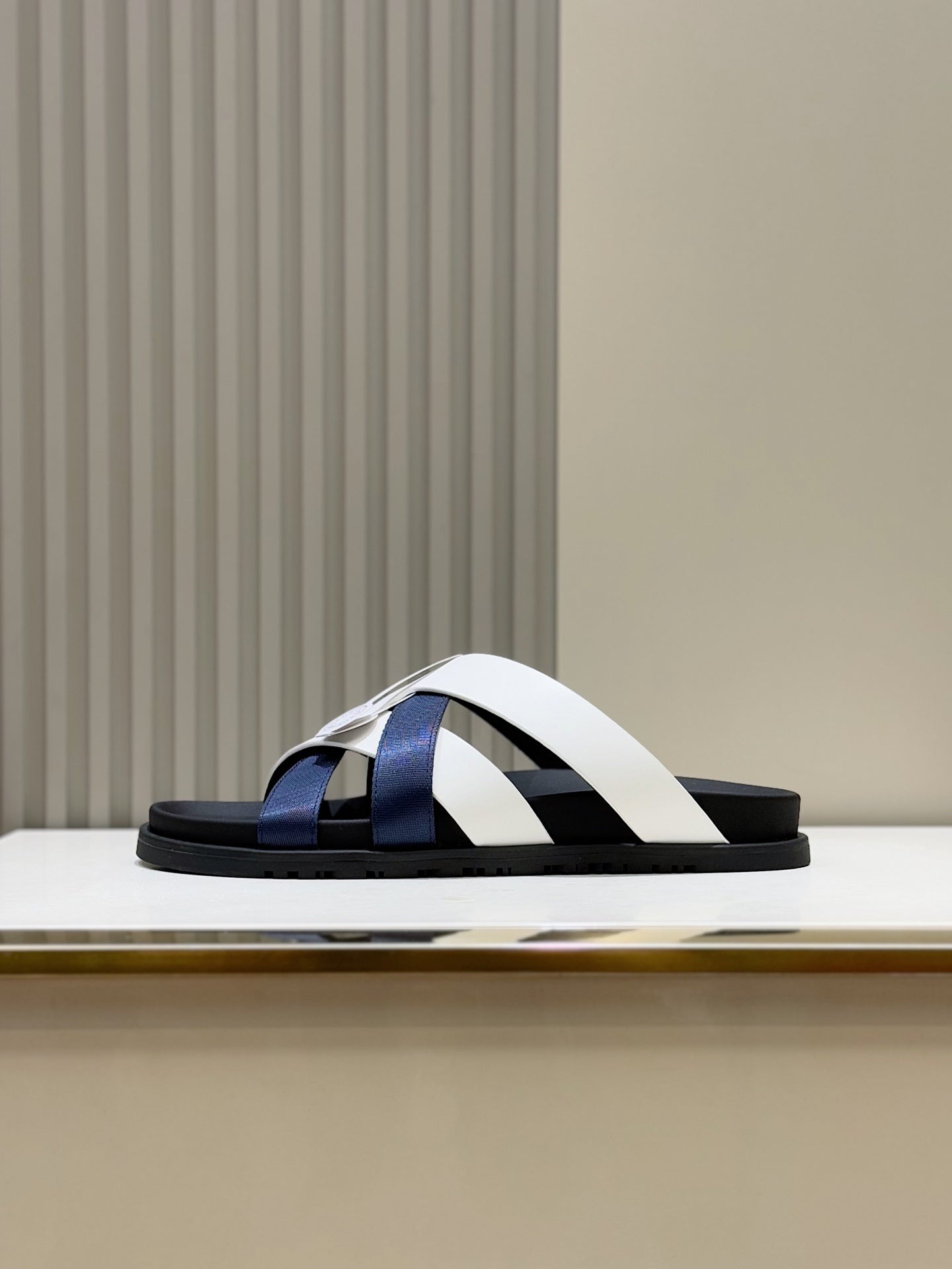 HM Men's Kazimir Slide Navy Blue White Calfskin 562773