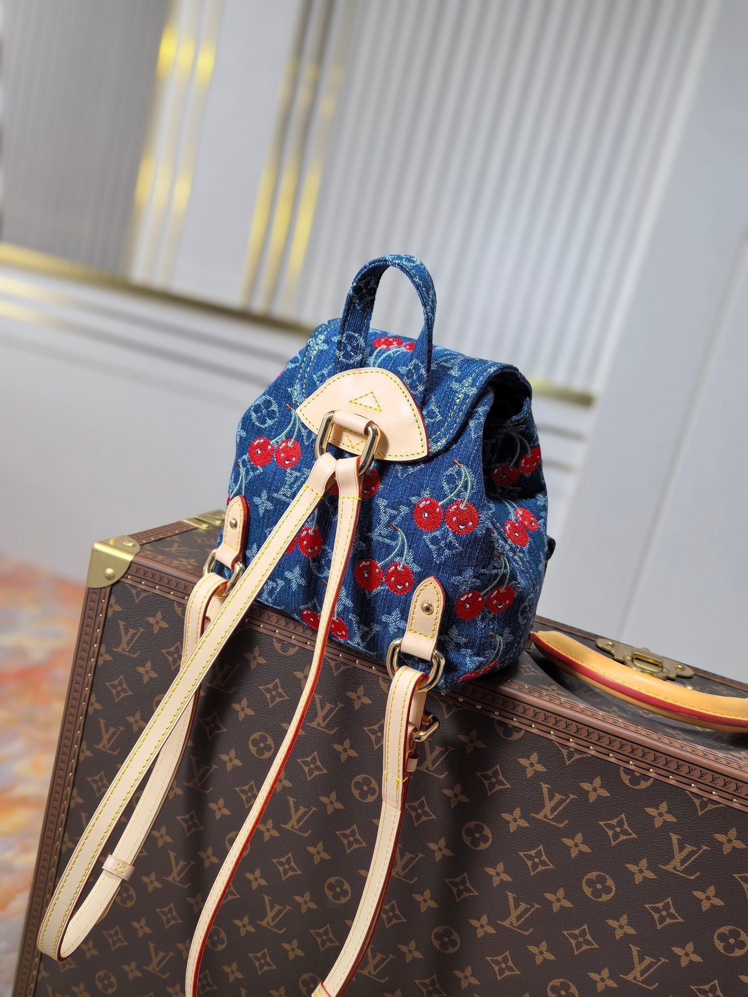 LV X TM VENICE NM Backpack Blue Cherry Denim Cowhide 256276