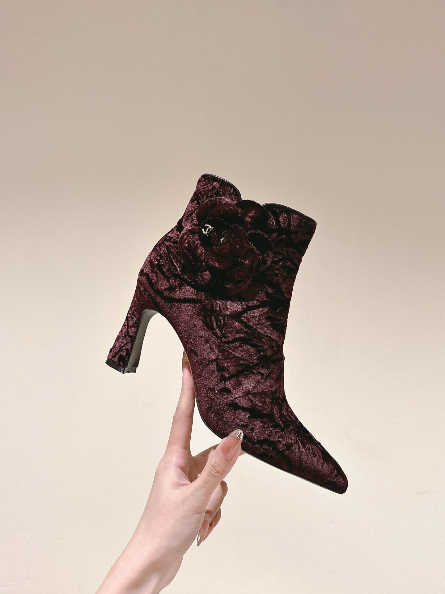 CC Ankle Boots 85mm Brown Red Rough Velvet Fabric