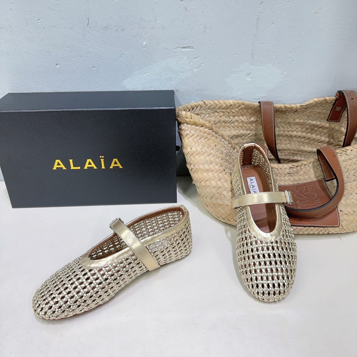 Alaia 25 Marry Janes Ballet Flats Gold Wool Sheepskin 300456