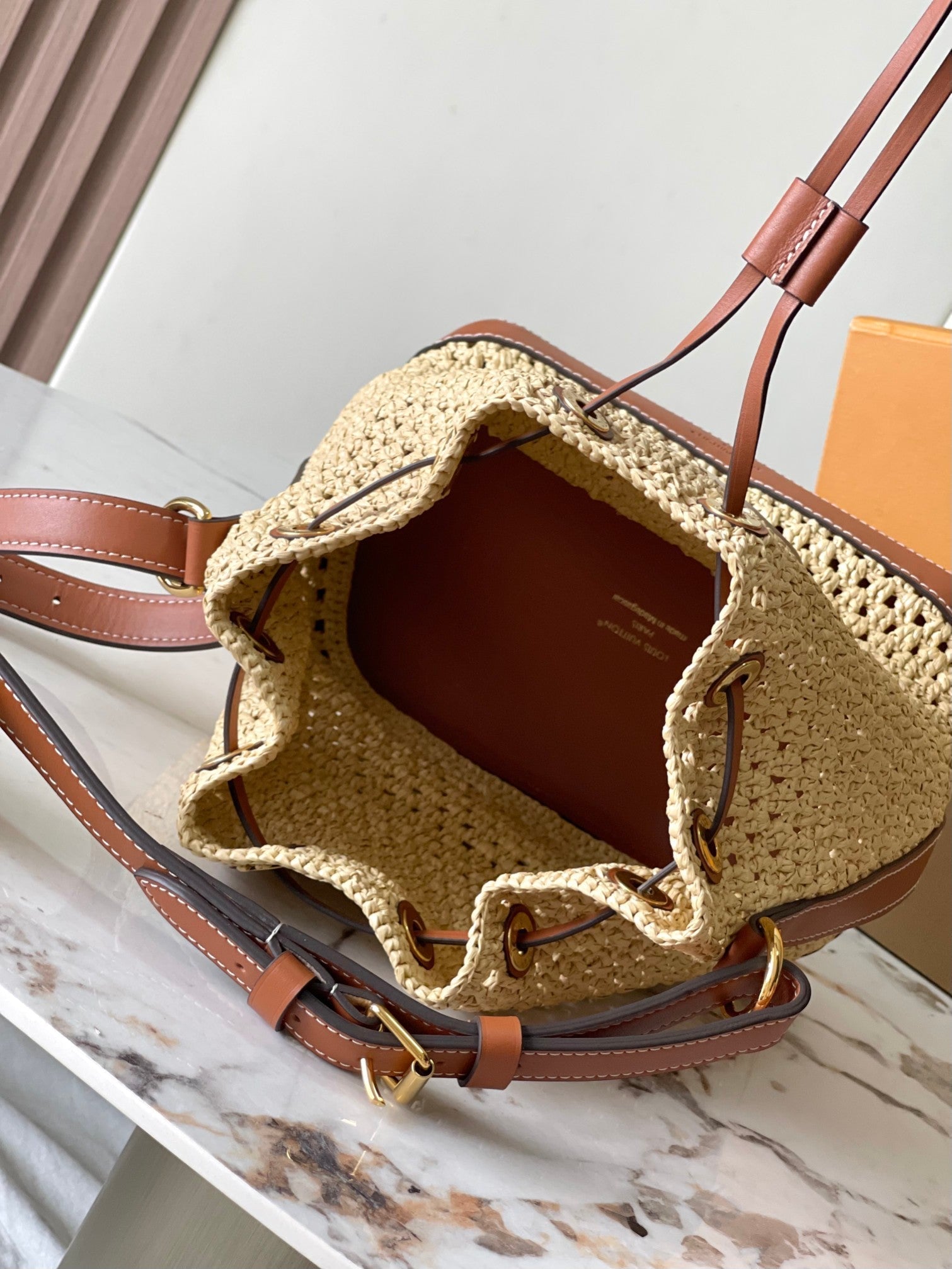 noe bb 22cm beige raffia tan calfskin