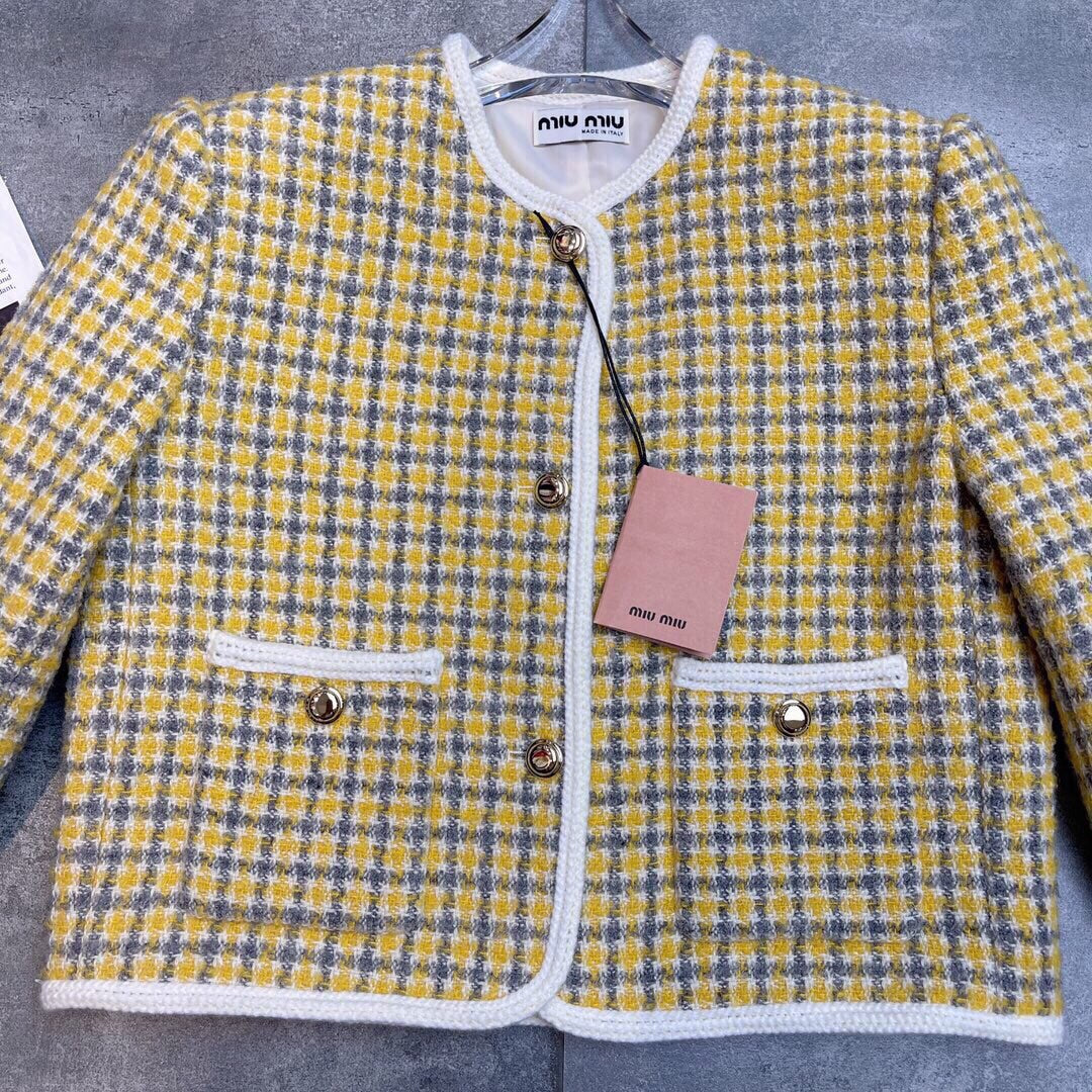 Miumiu 2025 Round Neck Long-sleeved Coat Yellow Wool