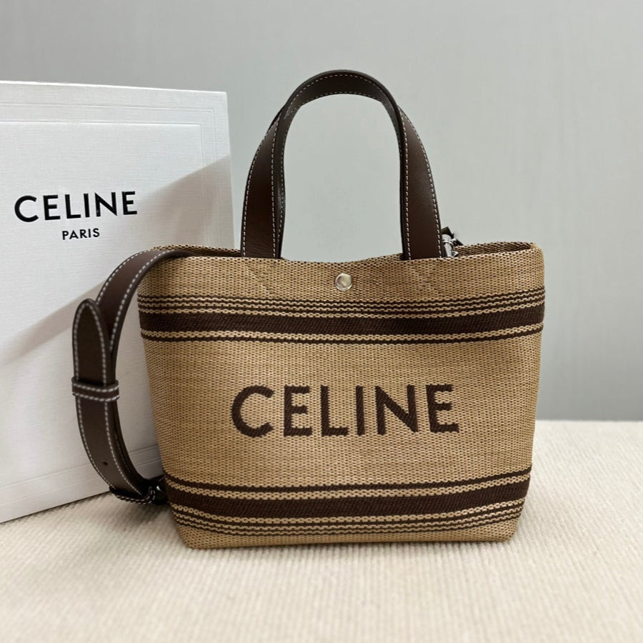 Celine Mini Cabas 23cm Chocolate Calfskin Dark Beige Textile