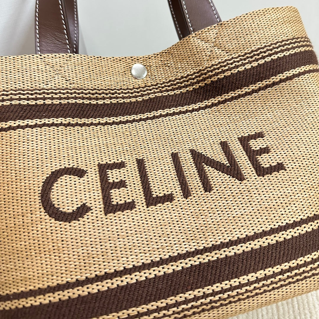 Celine Mini Cabas 23cm Chocolate Calfskin Dark Beige Textile