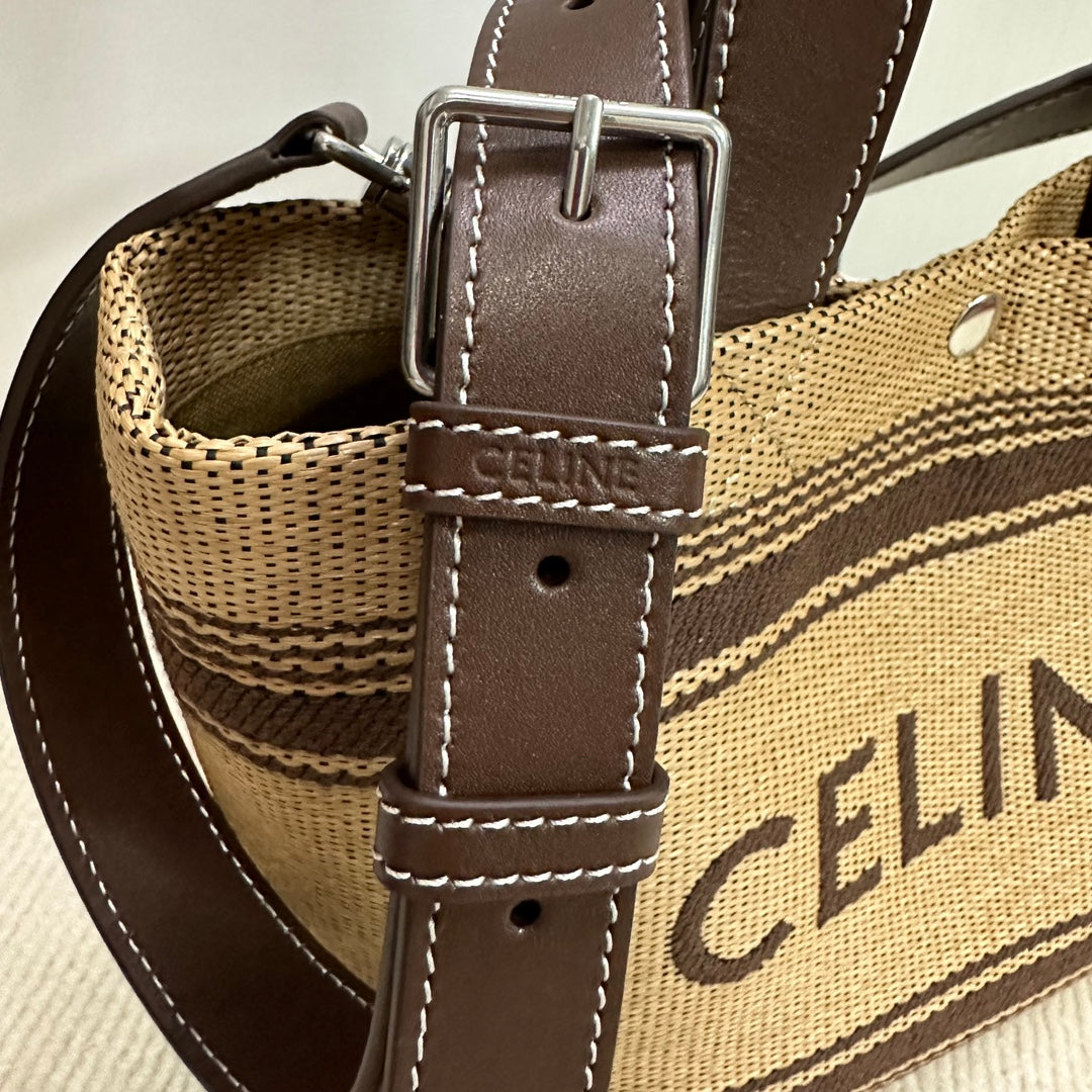 Celine Mini Cabas 23cm Chocolate Calfskin Dark Beige Textile