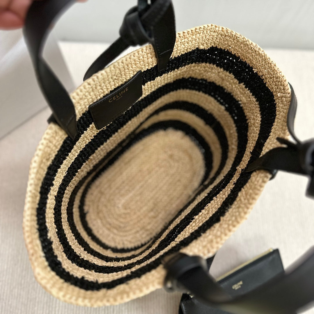 Celine Teen Supple Classic Panier 22cm Black Calfskin Black Beige Raffia