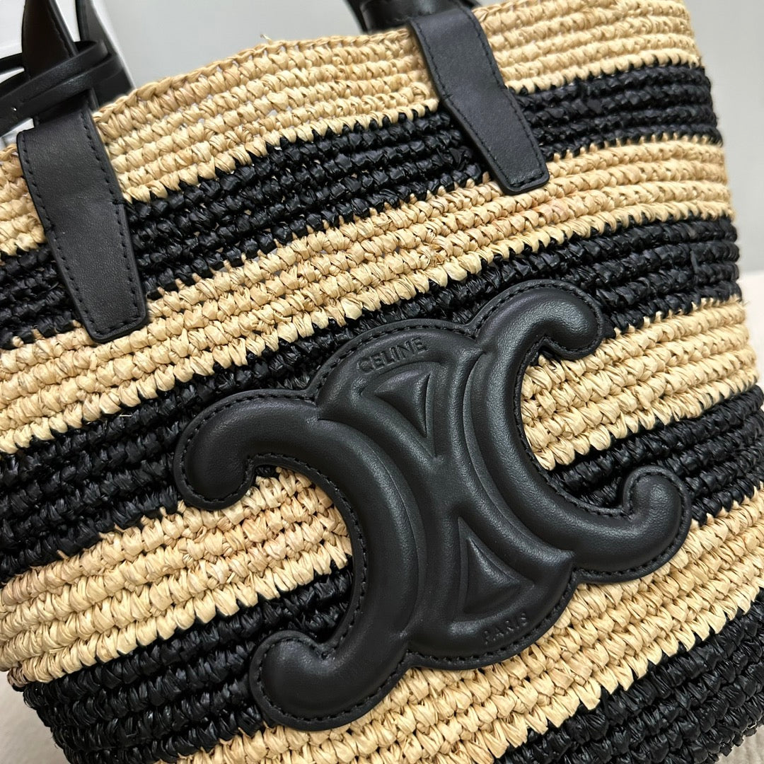 Celine Teen Supple Classic Panier 22cm Black Calfskin Black Beige Raffia