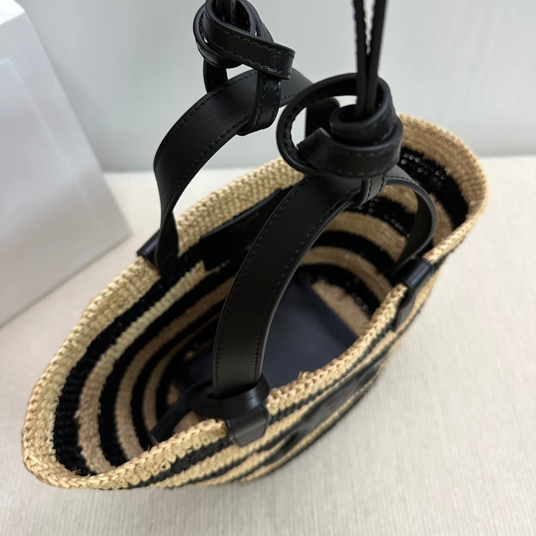 Celine Teen Supple Classic Panier 22cm Black Calfskin Black Beige Raffia
