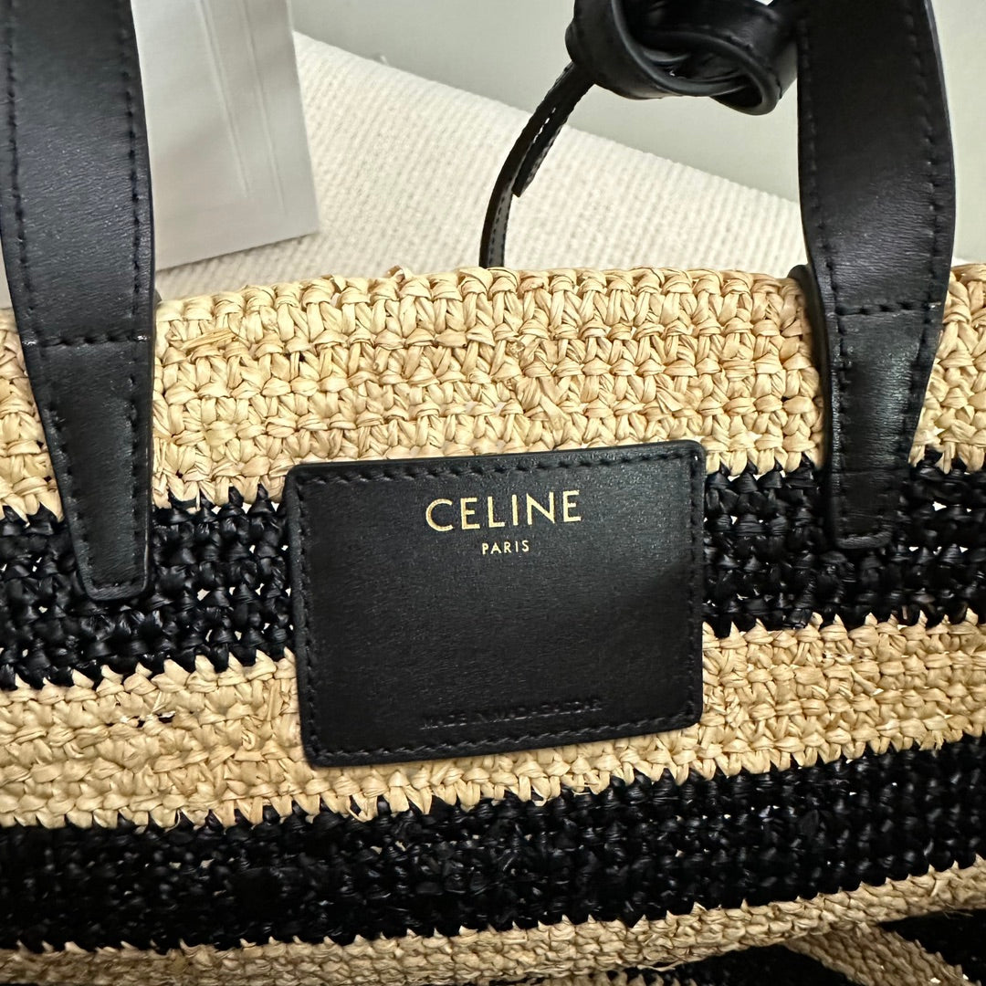 Celine Teen Supple Classic Panier 22cm Black Calfskin Black Beige Raffia