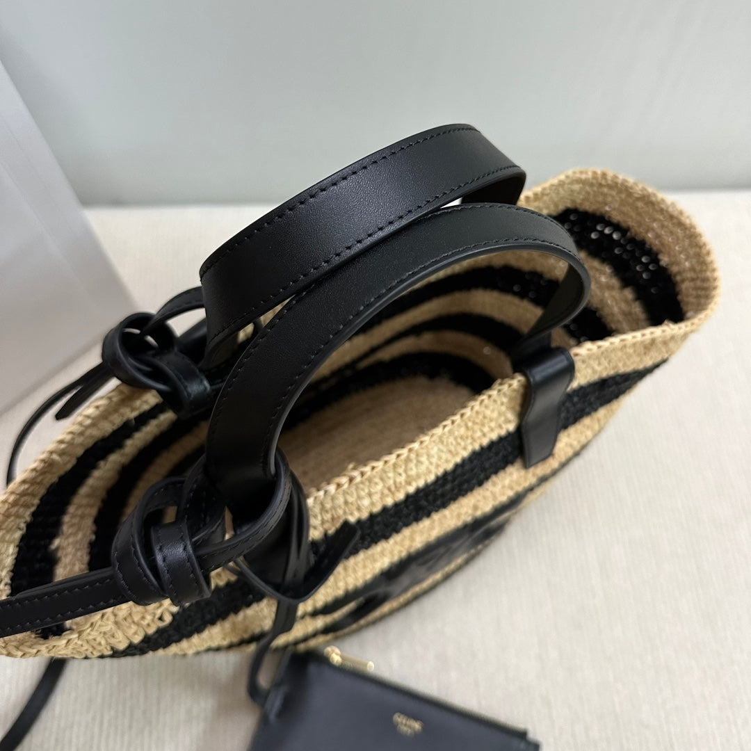 Celine Teen Supple Classic Panier 22cm Black Calfskin Black Beige Raffia