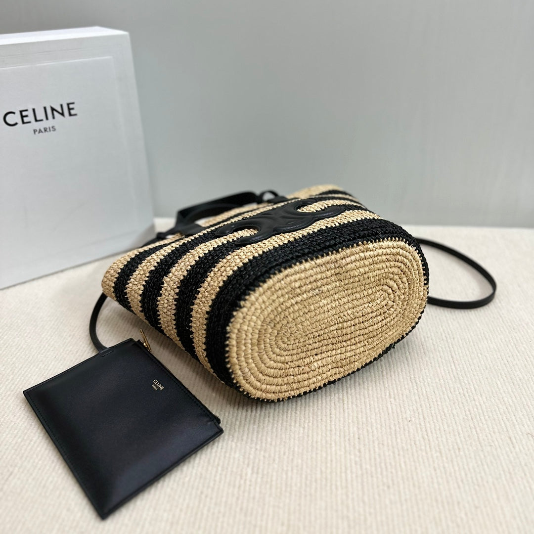 Celine Teen Supple Classic Panier 22cm Black Calfskin Black Beige Raffia