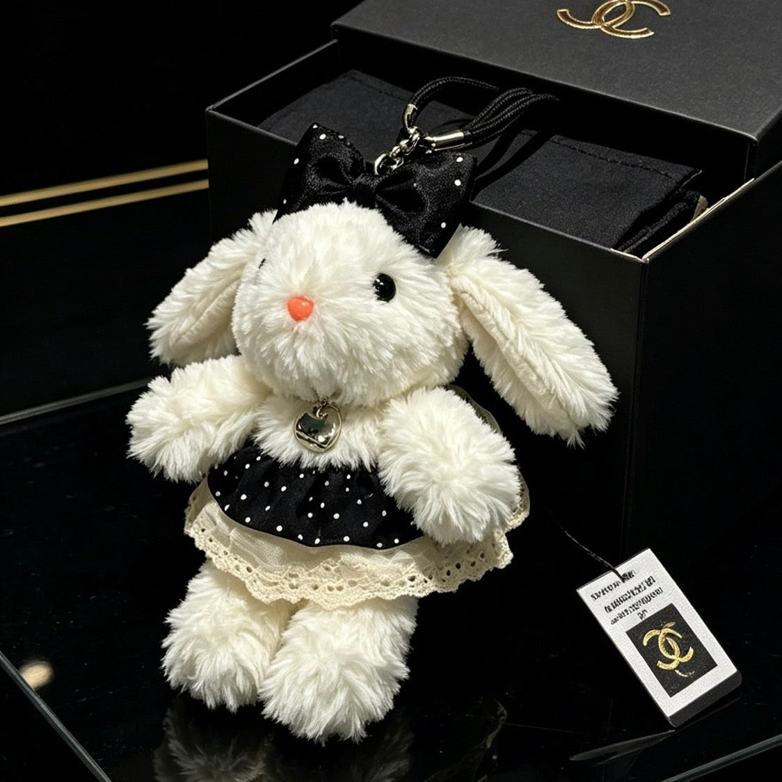 Chanel White Black Plush Bunny Doll Charm