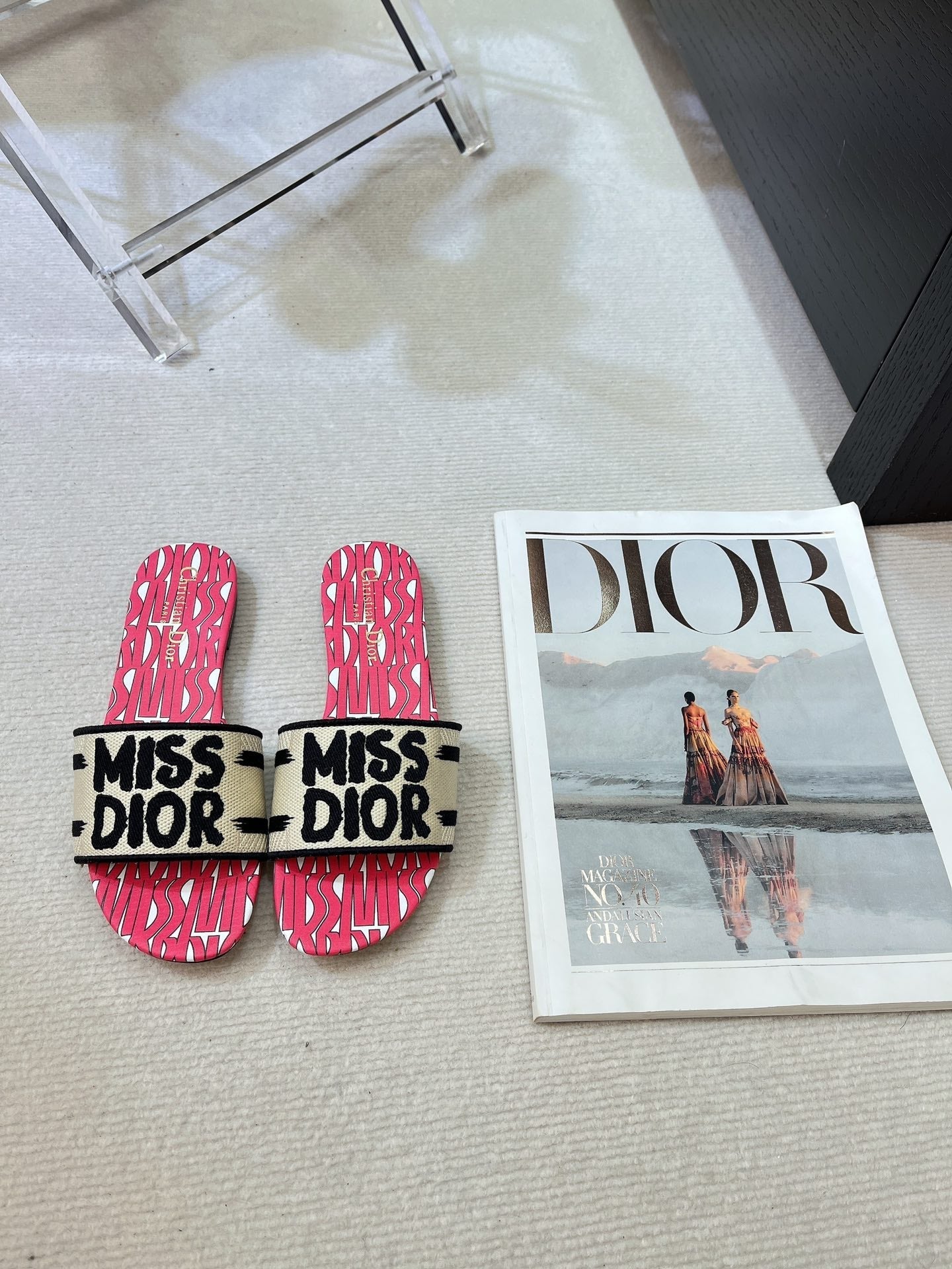 dway slide embroidered cotton red miss cd alllover motif