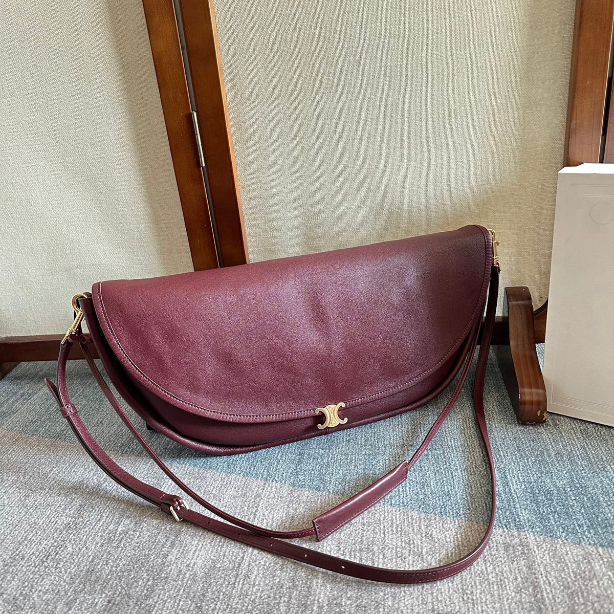 Celine 2025 Halfmoon Soft Triomphe Bag Burgundy Shiny Lambskin