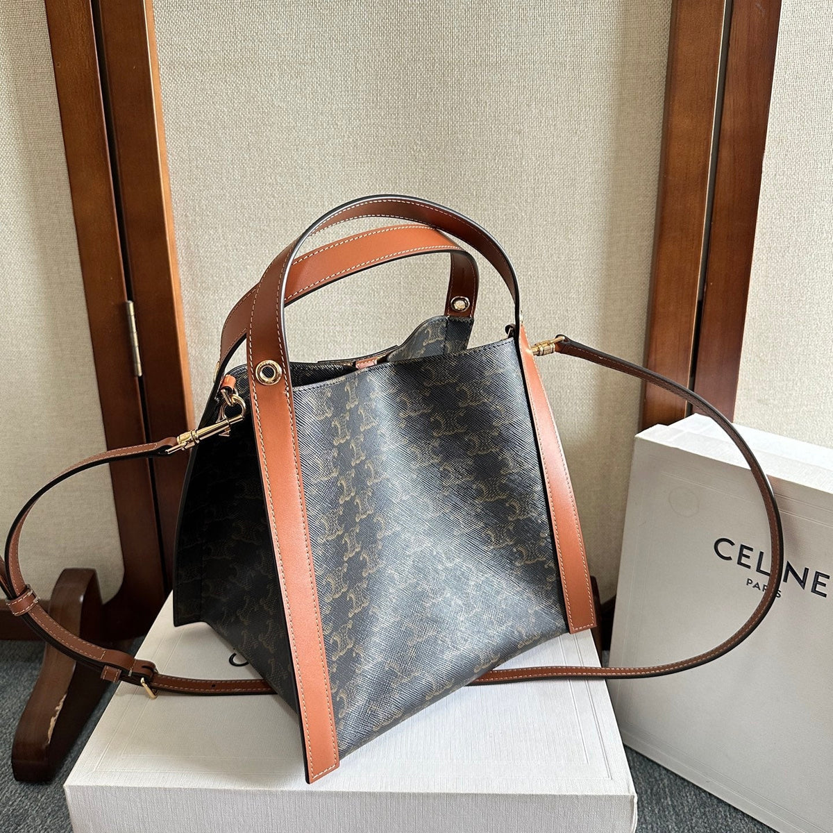 Celine 2025 Cube Bag 21cm Black Tan Canvas Calfskin 276297