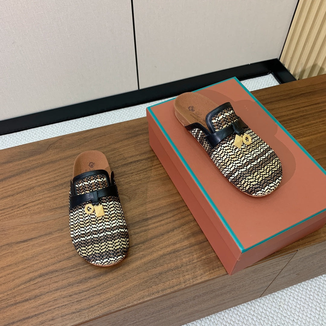 LP Birkenstock slippers black beige raffia calfskin 386726