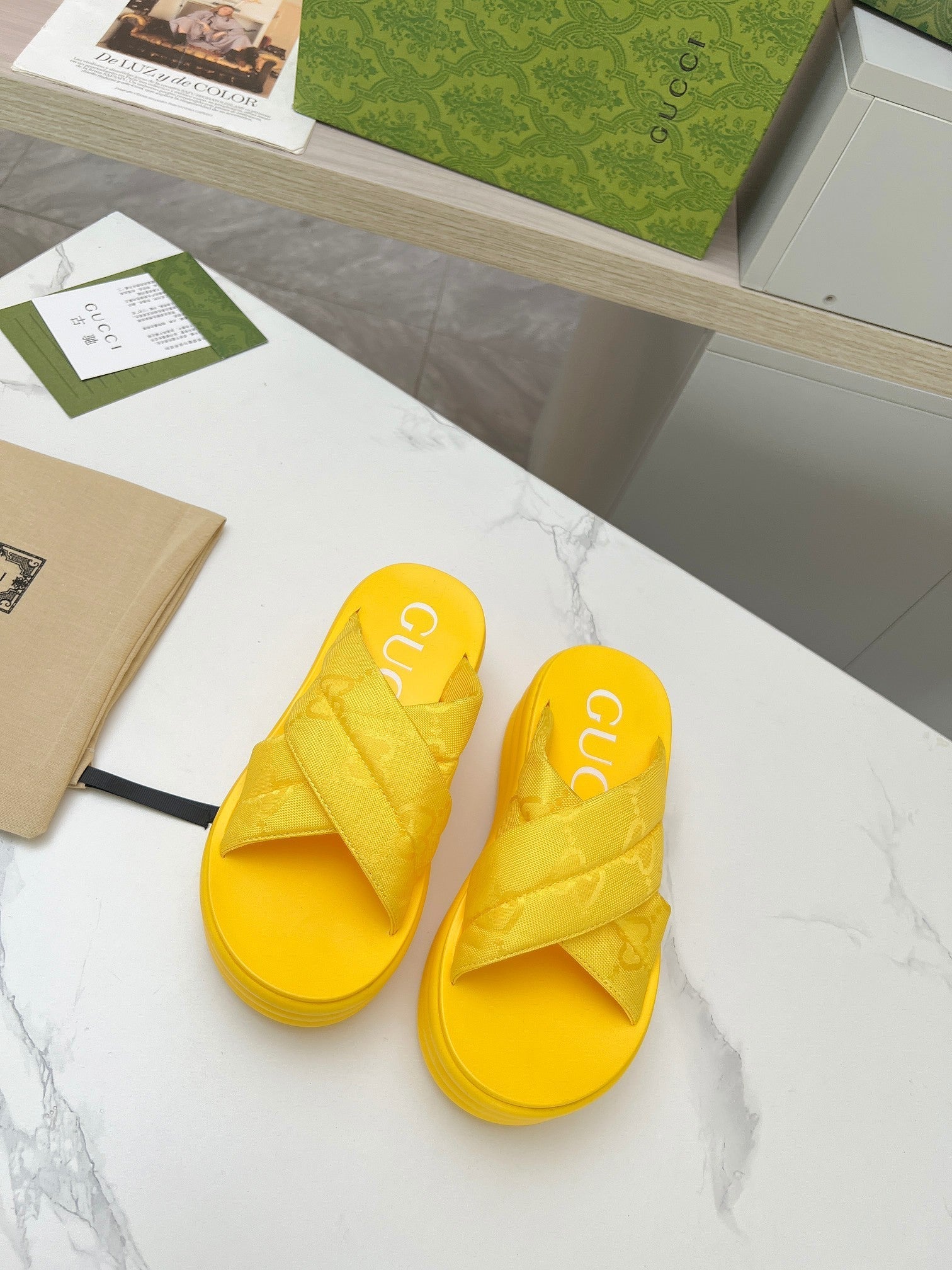 GG waterproof platform slippers yellow fabric