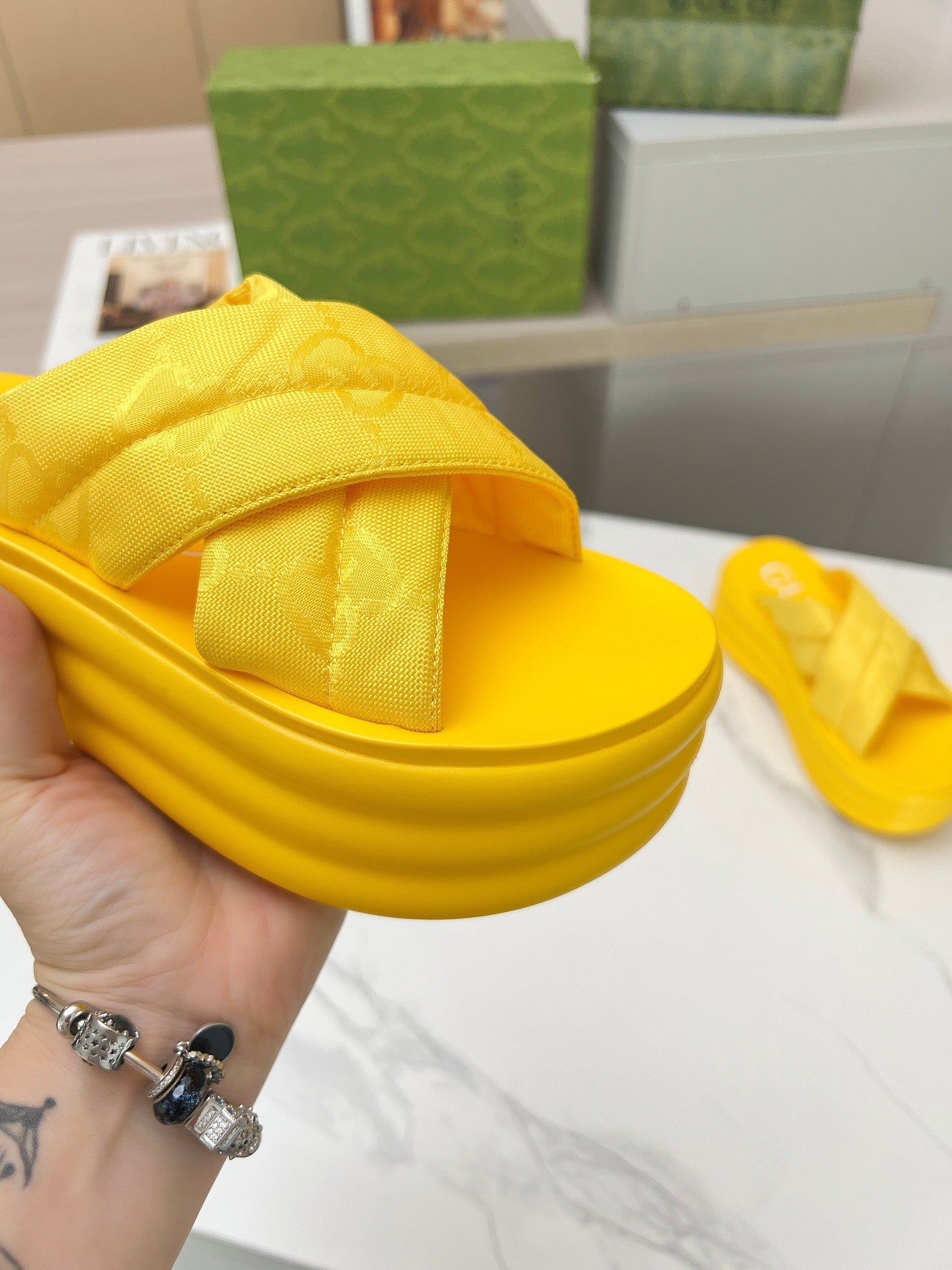 GG waterproof platform slippers yellow fabric